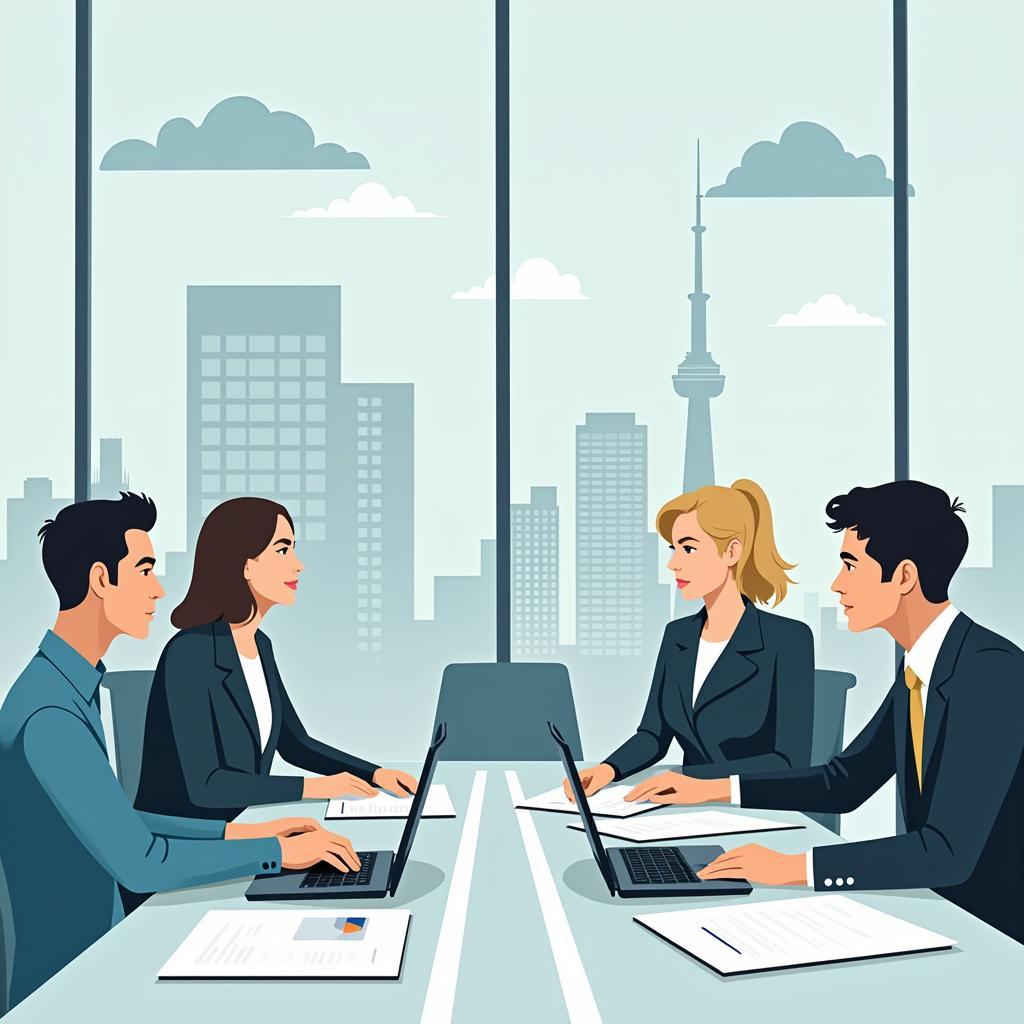 Cân bằng chính sách và linh hoạt: Hình ảnh minh họa một doanh nghiệp vận tải đang họp bàn chiến lược kinh doanh, thể hiện sự kết hợp giữa việc tuân thủ chính sách và sự linh hoạt trong ứng phó với thị trường.