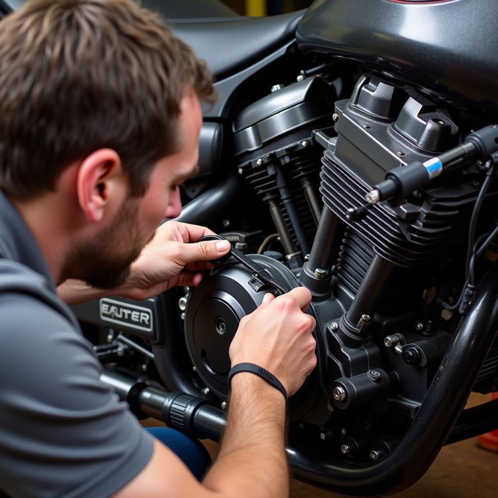 Mechanic inspecting the engine of a Yamaha Exciter 2010