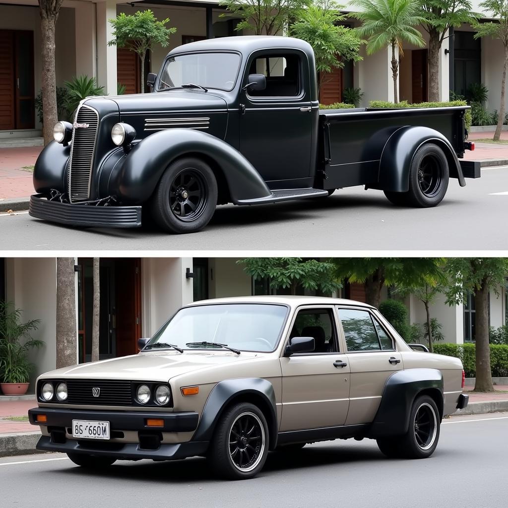 Comparison of a modified truck and car in Hanoi, highlighting the differences in style and purpose.