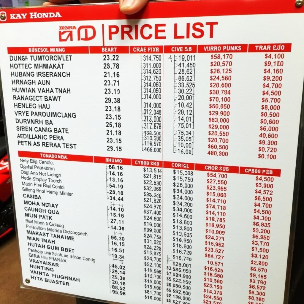 Honda price list at Head Tuong Nguyen