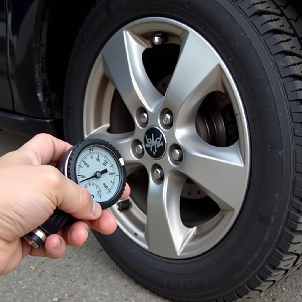 Checking spare tire pressure with a gauge