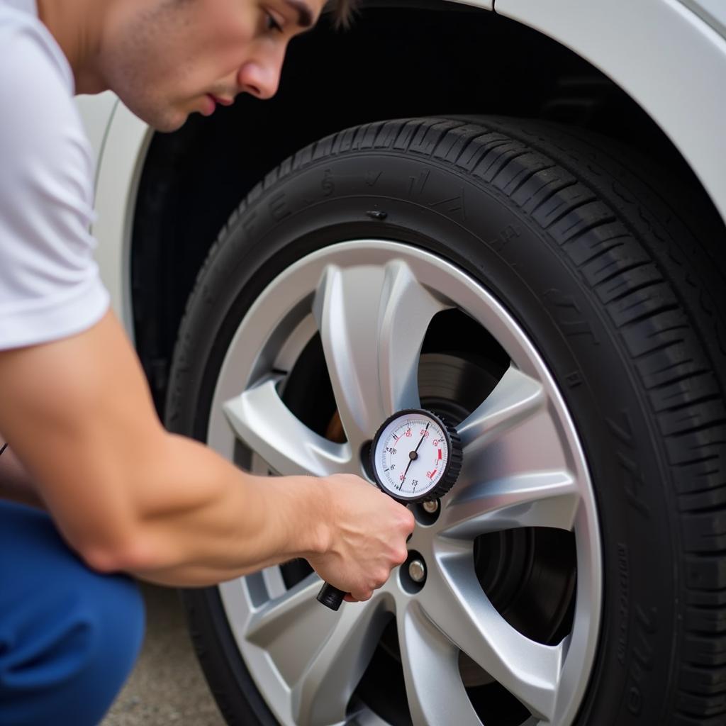 Verificação da pressão dos pneus com um manómetro.