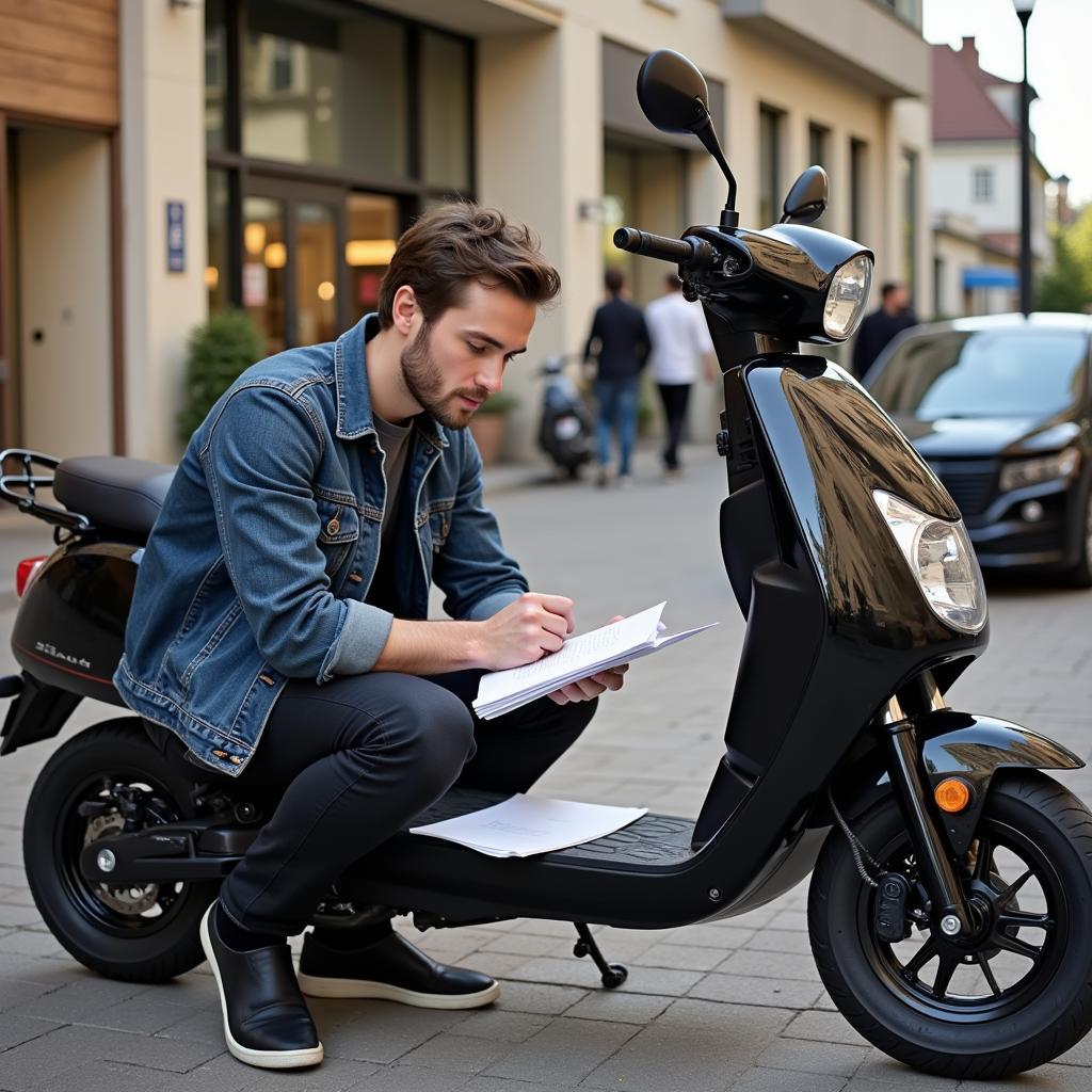 Người mua đang kiểm tra giấy tờ xe SH Ý 2010 cũ trước khi quyết định mua.