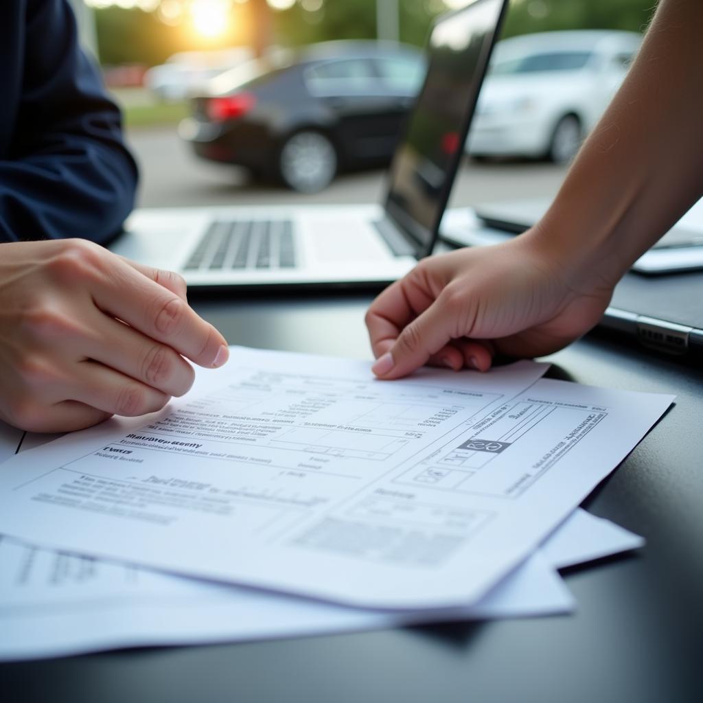 Reviewing car documents before title transfer.