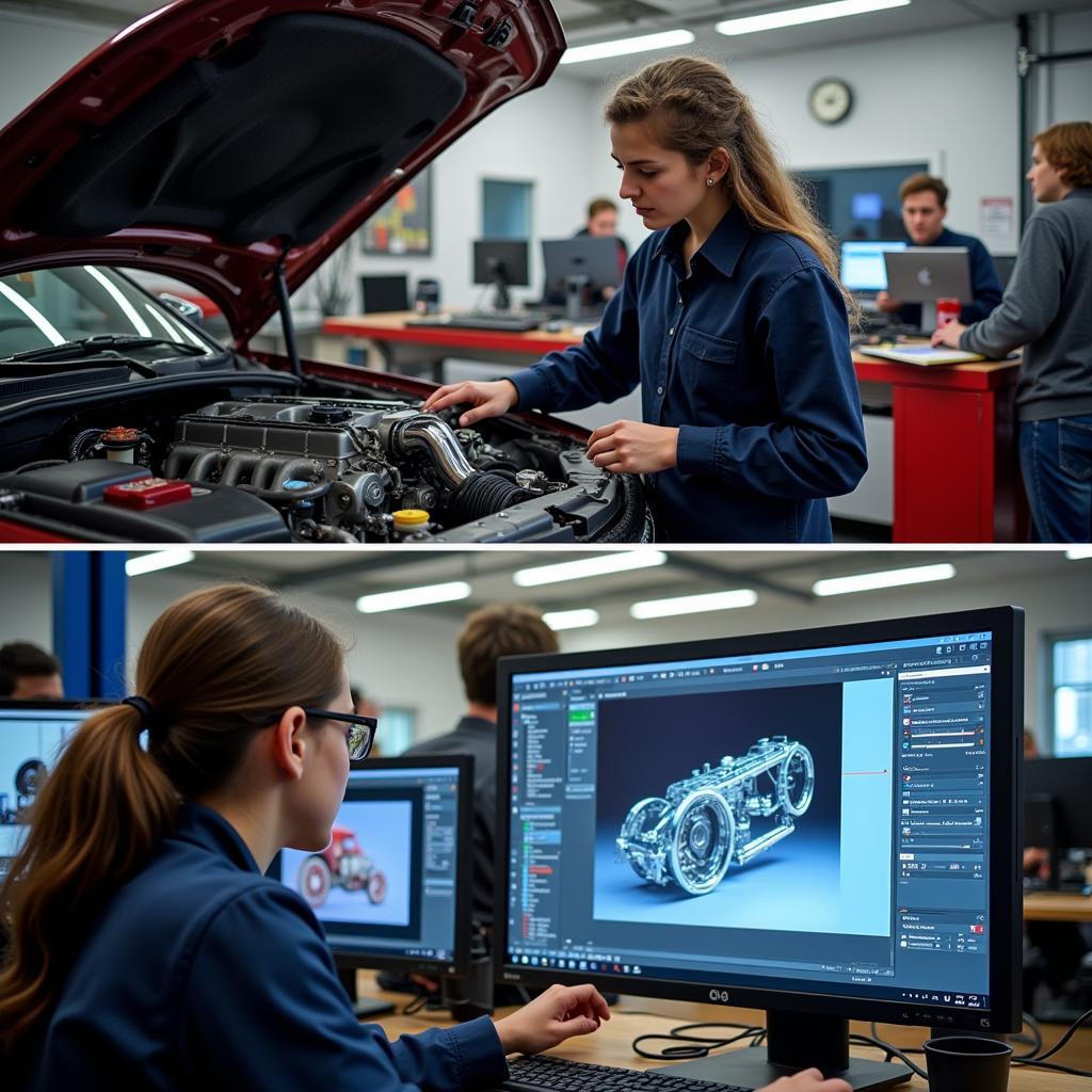 Student working on a car in an automotive workshop