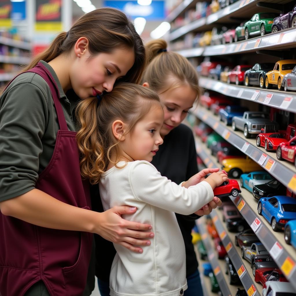 Hình ảnh cha mẹ đang lựa chọn ô tô đồ chơi cho con, với nhiều mẫu mã xe được trưng bày trên kệ, thể hiện sự quan tâm và mong muốn lựa chọn những sản phẩm tốt nhất cho con.