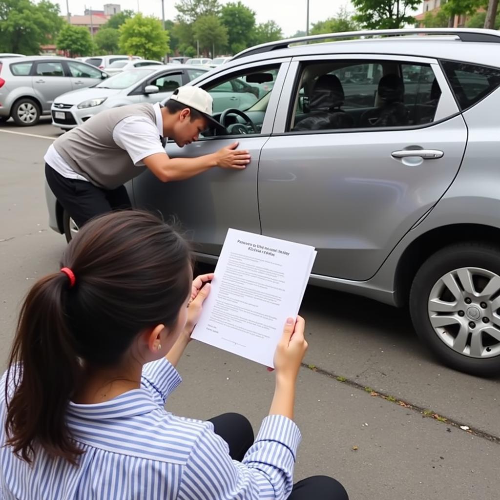 Checking the parking contract and car condition before parking