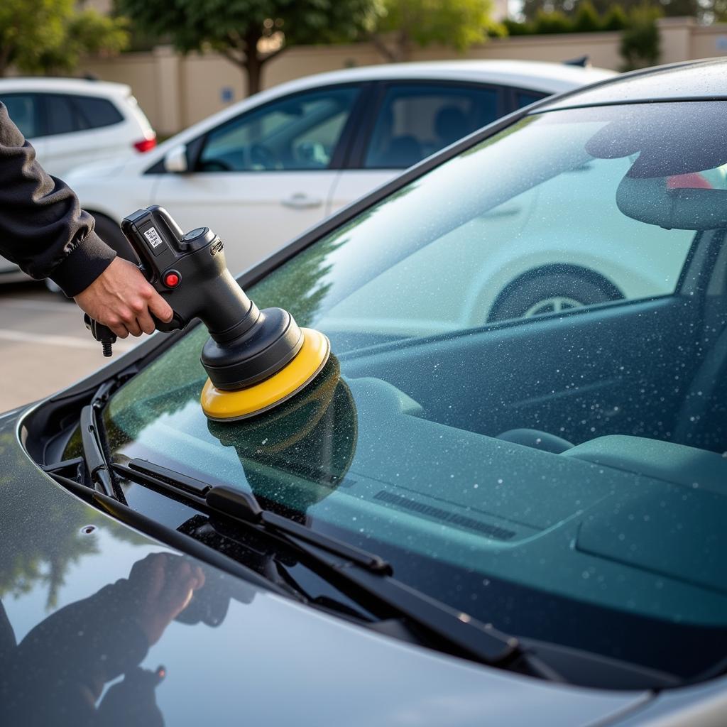 Car glass polisher removing water spots and scratches
