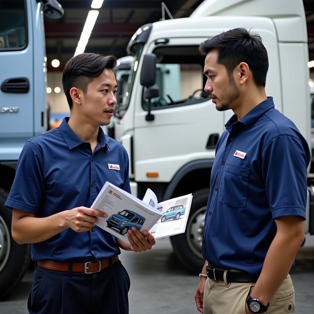 Hanoi Truck Company employee consulting a customer about trucks.
