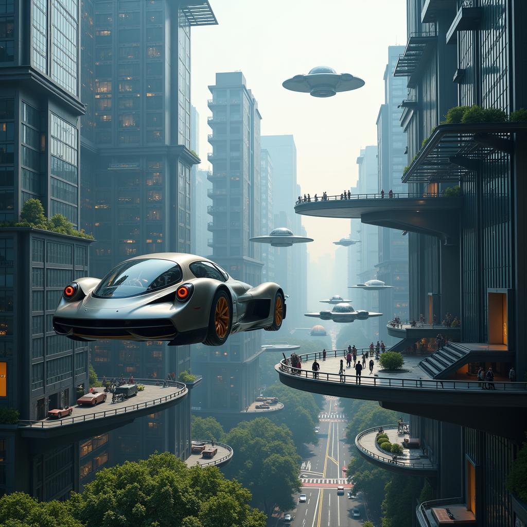 भविष्य के शहर में उड़ने वाली कार