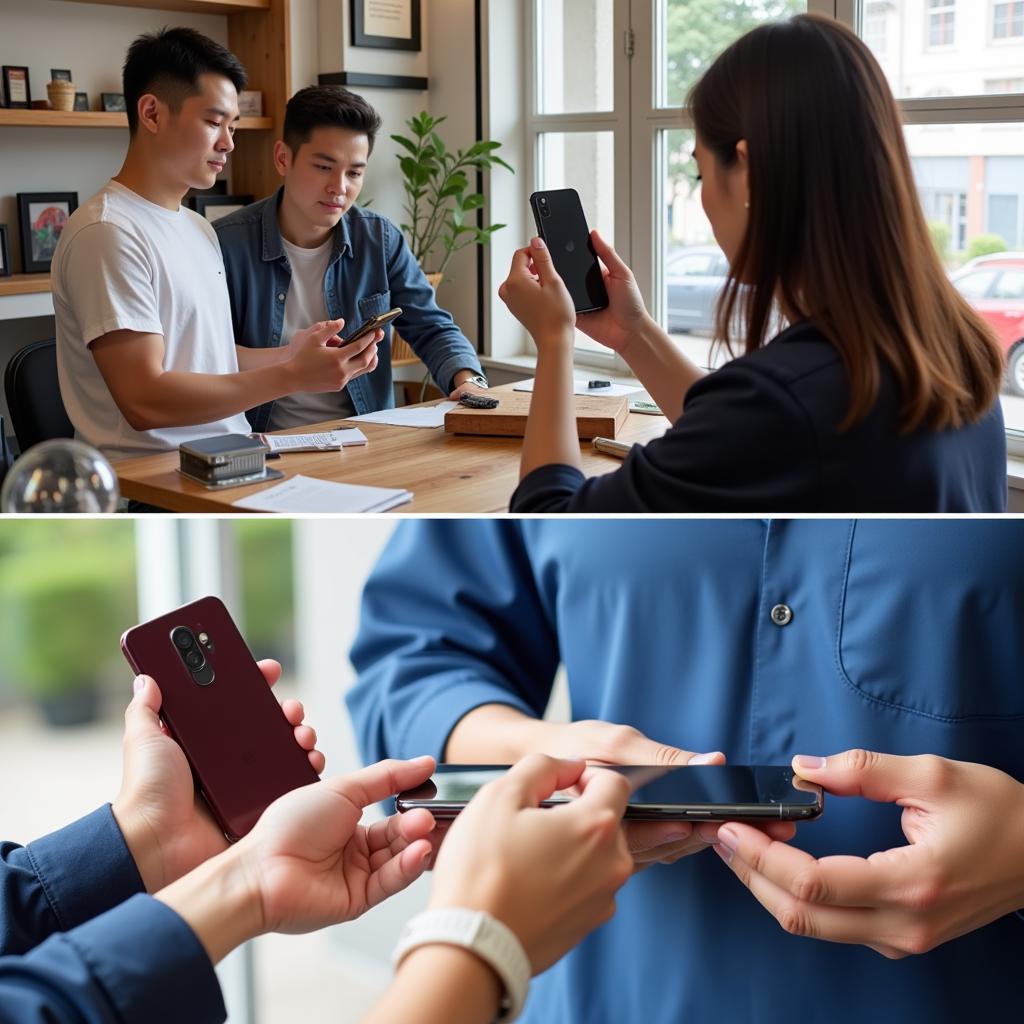 Quy trình bảo hành iPhone tại Thế Giới Di Động: Hình ảnh minh họa về quy trình bảo hành, từ việc mang thiết bị đến cửa hàng, kiểm tra thiết bị và hướng dẫn khách hàng.