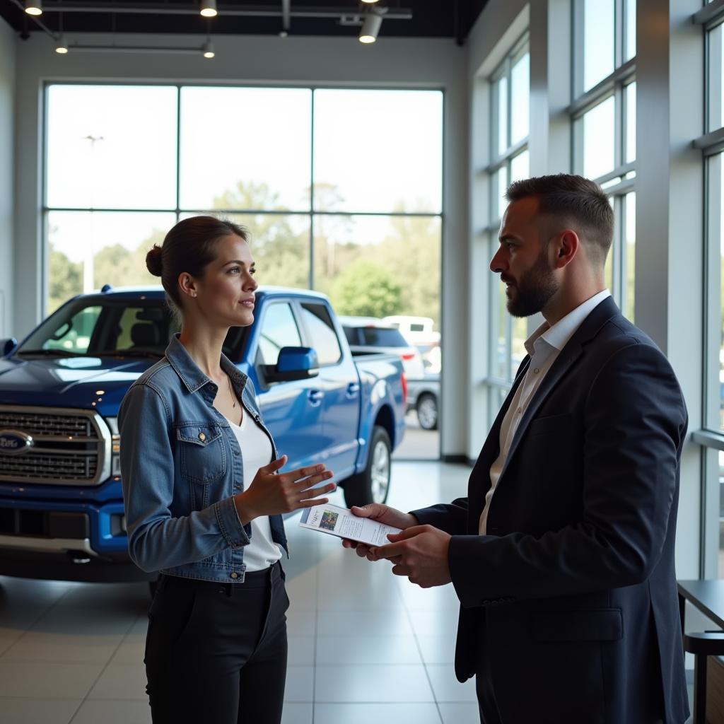 Kien Cuong Auto sales consultant advising a customer on trucks