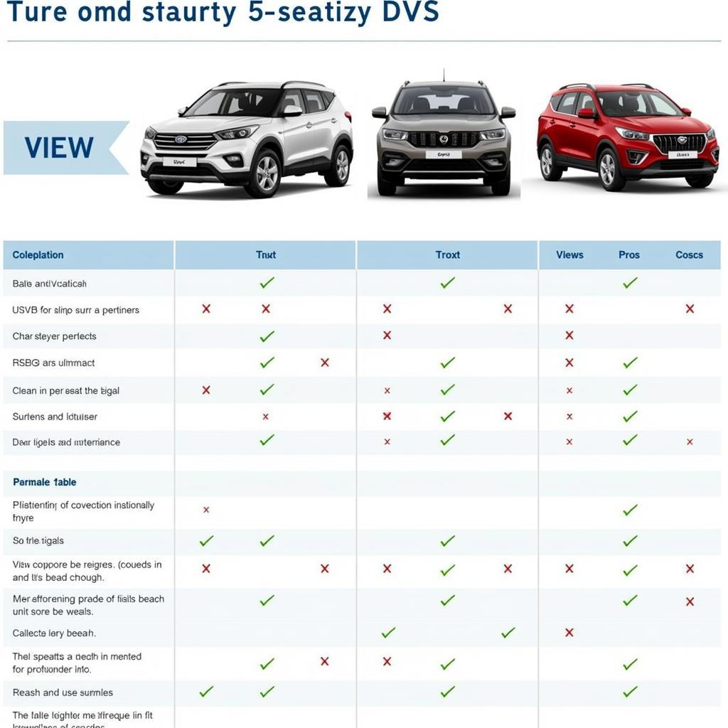 Bảng so sánh các mẫu xe SUV 5 chỗ giá rẻ, bao gồm thông số kỹ thuật, giá bán, ưu nhược điểm.