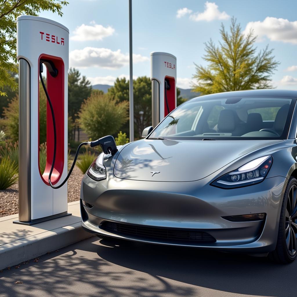 Tesla Model 3 đang sạc tại trạm siêu nạp