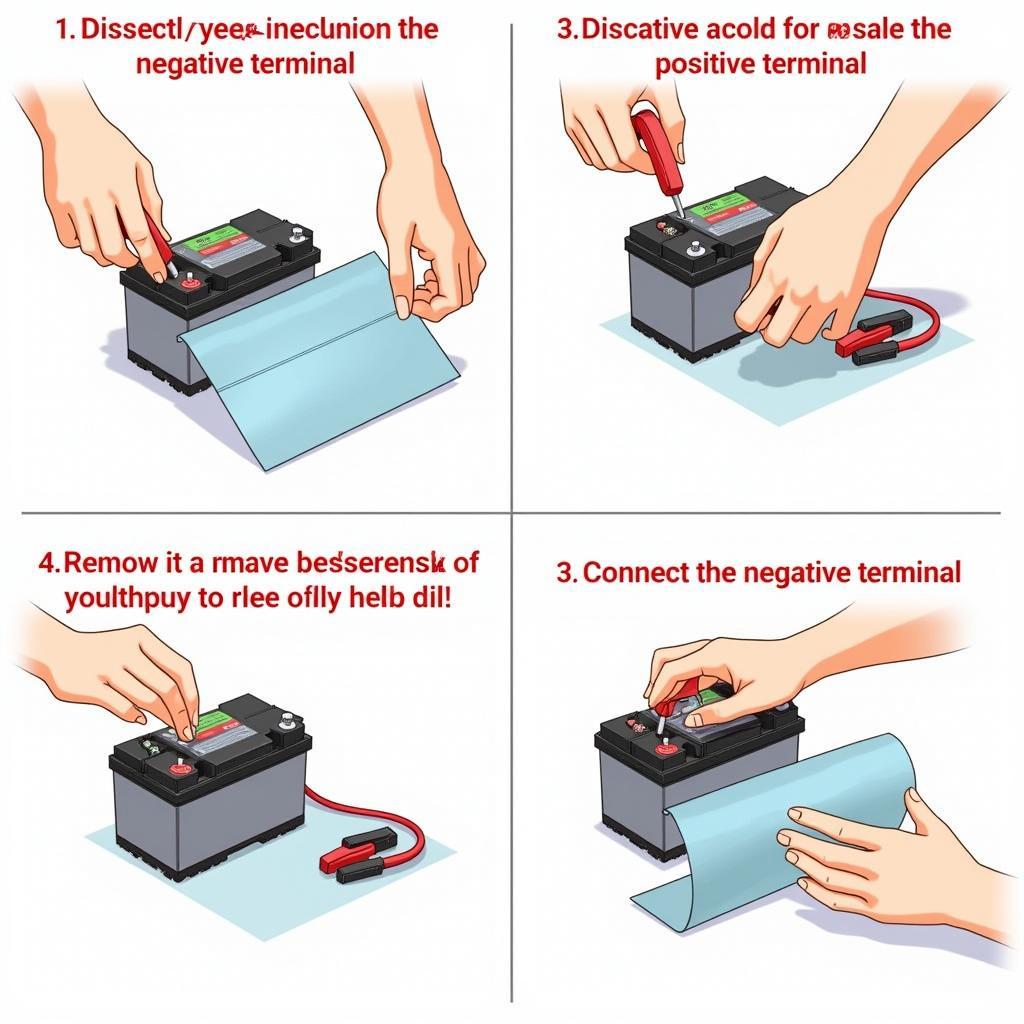 Troca da bateria: desconexão, remoção da antiga, instalação da nova e reconexão
