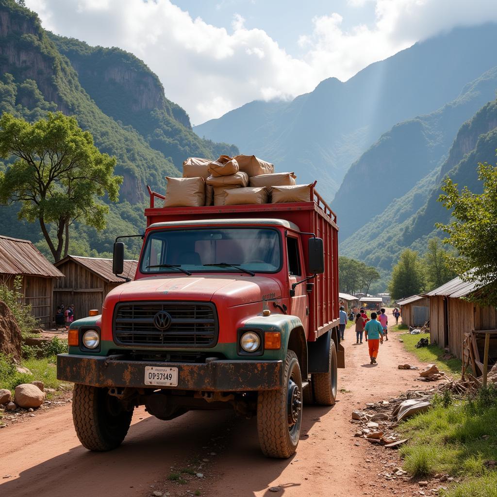 Xe tải vận chuyển quà Tết đến các vùng sâu vùng xa, đảm bảo an toàn và hiệu quả.