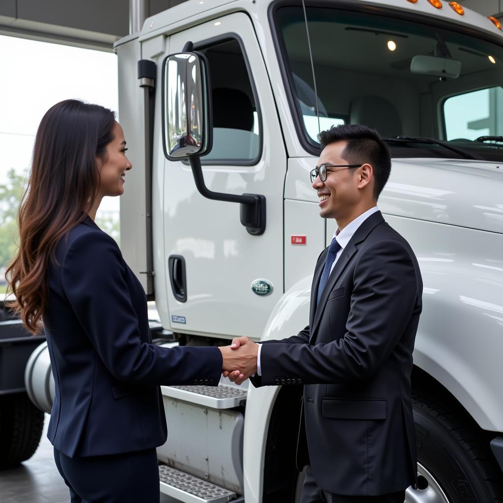 Vì sao nên chọn xe tải Hà Nội - Hình ảnh minh họa về khách hàng hài lòng khi nhận xe tải mới.