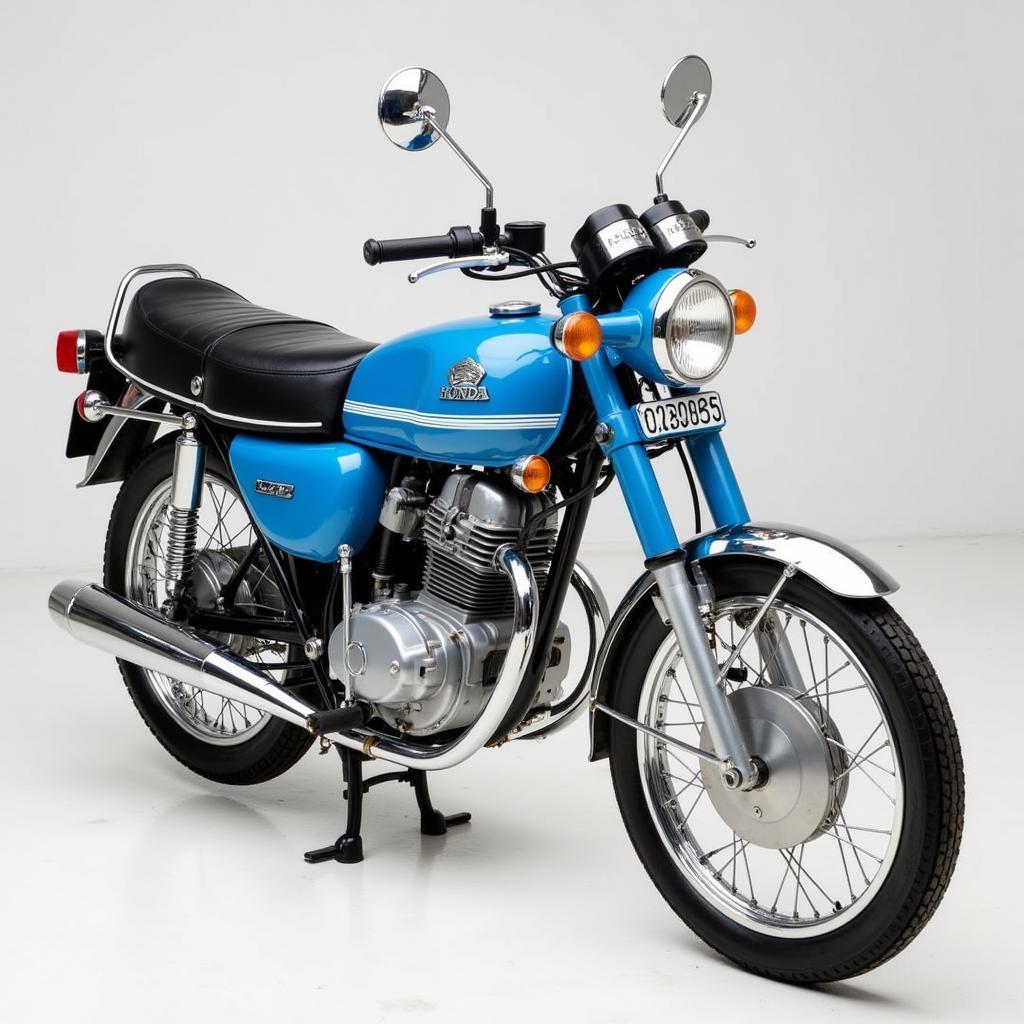 Restored Honda 67 motorcycle in classic blue, showcasing its timeless elegance.