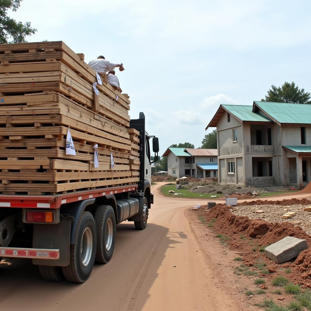 Xe tải hỗ trợ vận chuyển vật liệu xây dựng cho thương bị mua đất