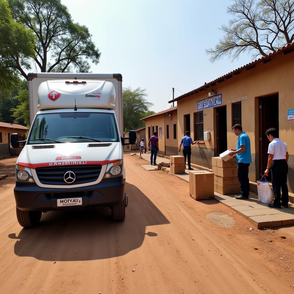 Xe tải vận chuyển thuốc và thiết bị y tế về xã